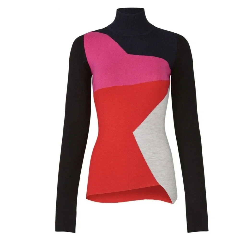 Diane von Furstenberg Colorblock Turtleneck Knit Sweater Women XS Fit Asymmetric